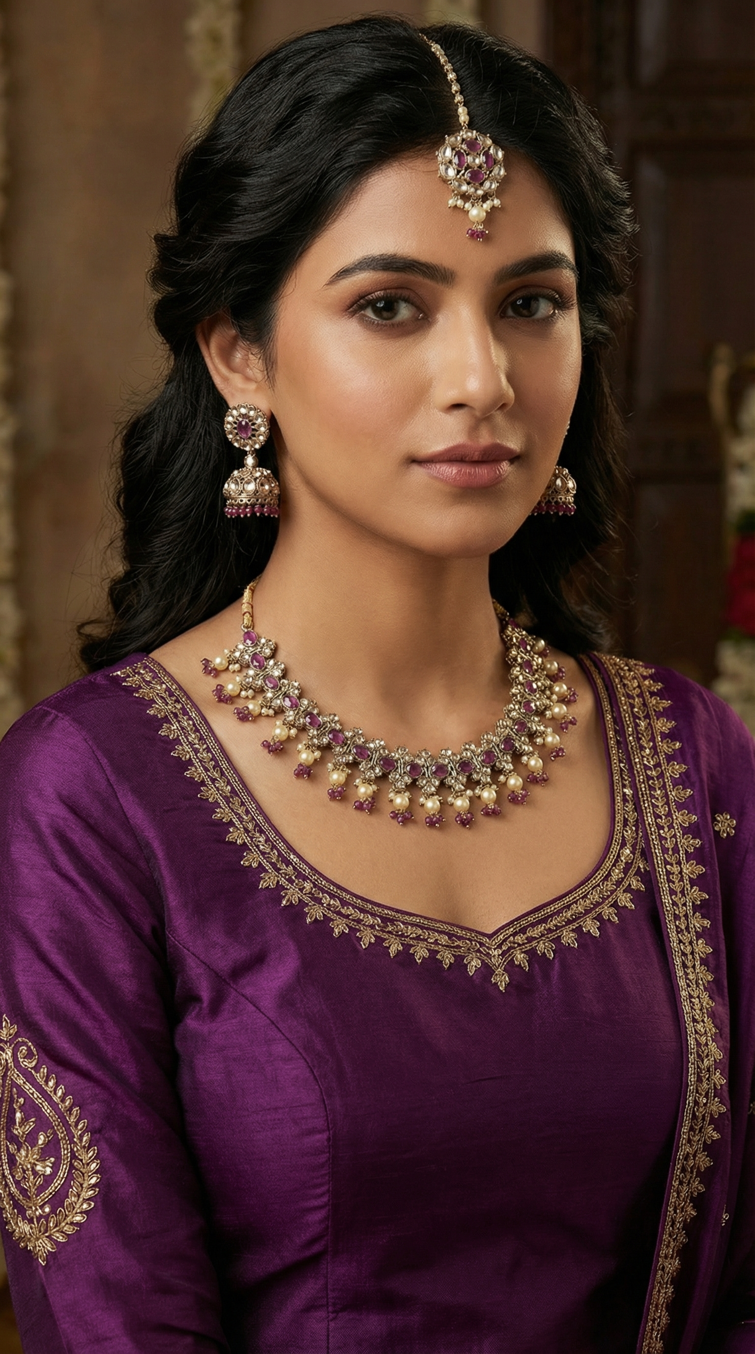 Women’s Antique Gold Latkan Style Purple Beads Jewellery Set