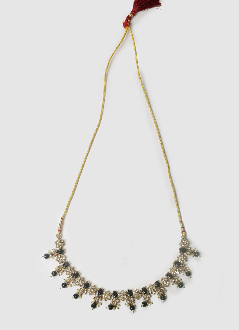 Womens Black Stone & Drops Floral Design Jewellery Set