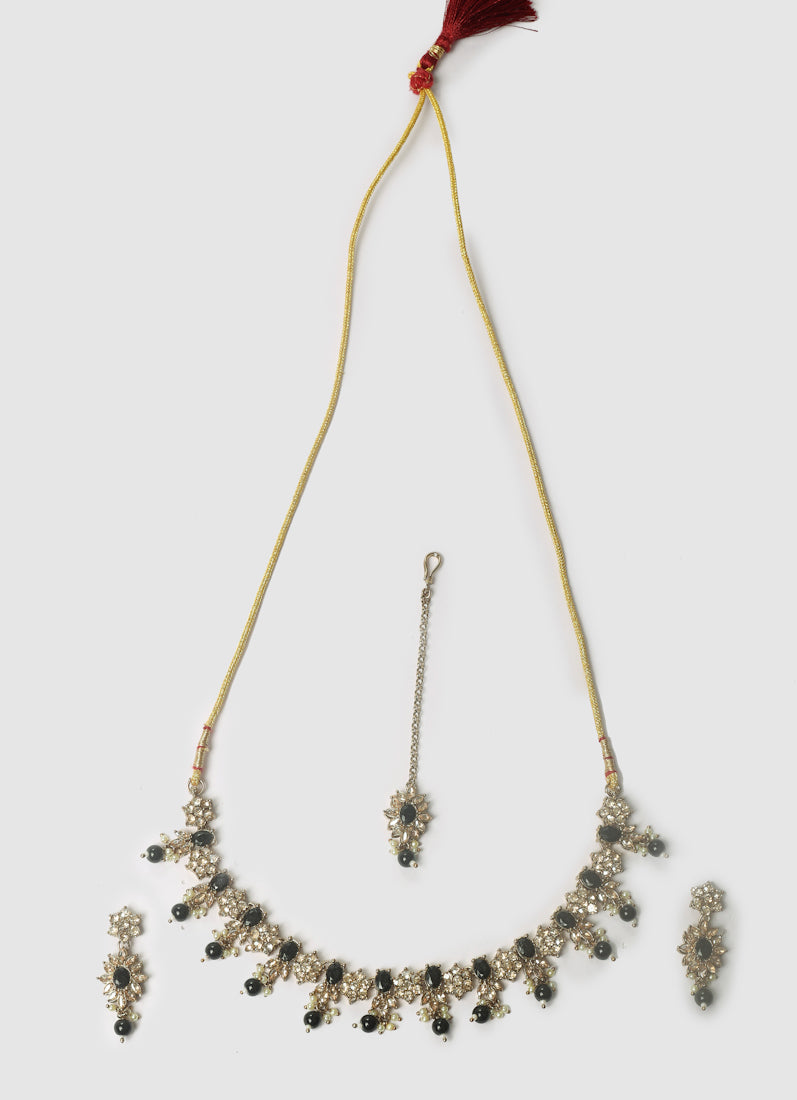 Womens Black Stone & Drops Floral Design Jewellery Set