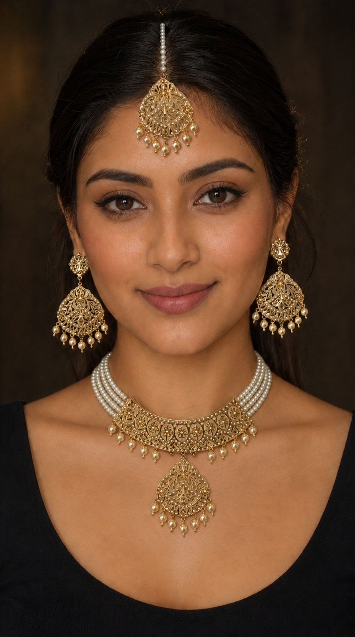 A woman wearing traditional Indian jewelry, including a gold maang tikka, matching dangle earrings, and a pearl-and-gold necklace with gold bead accents