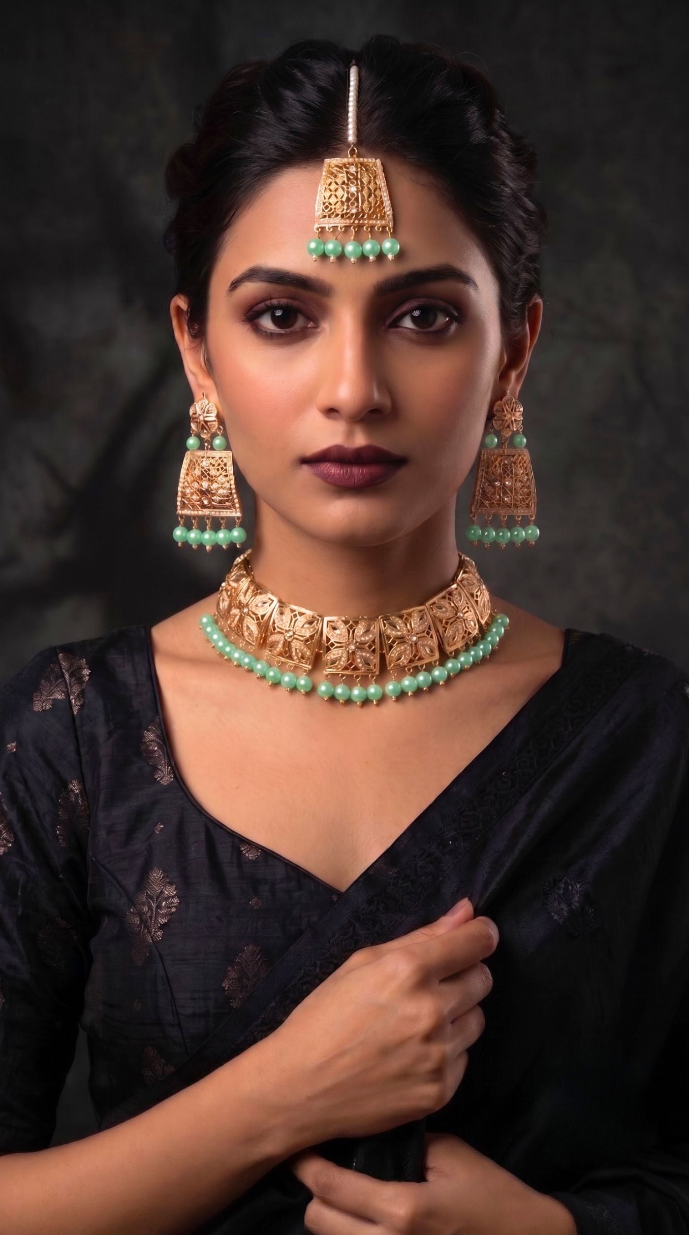 Gold mint green Jadau necklace set with matching statement earrings and maang tikka featuring intricate filigree work and mint green bead detailing 