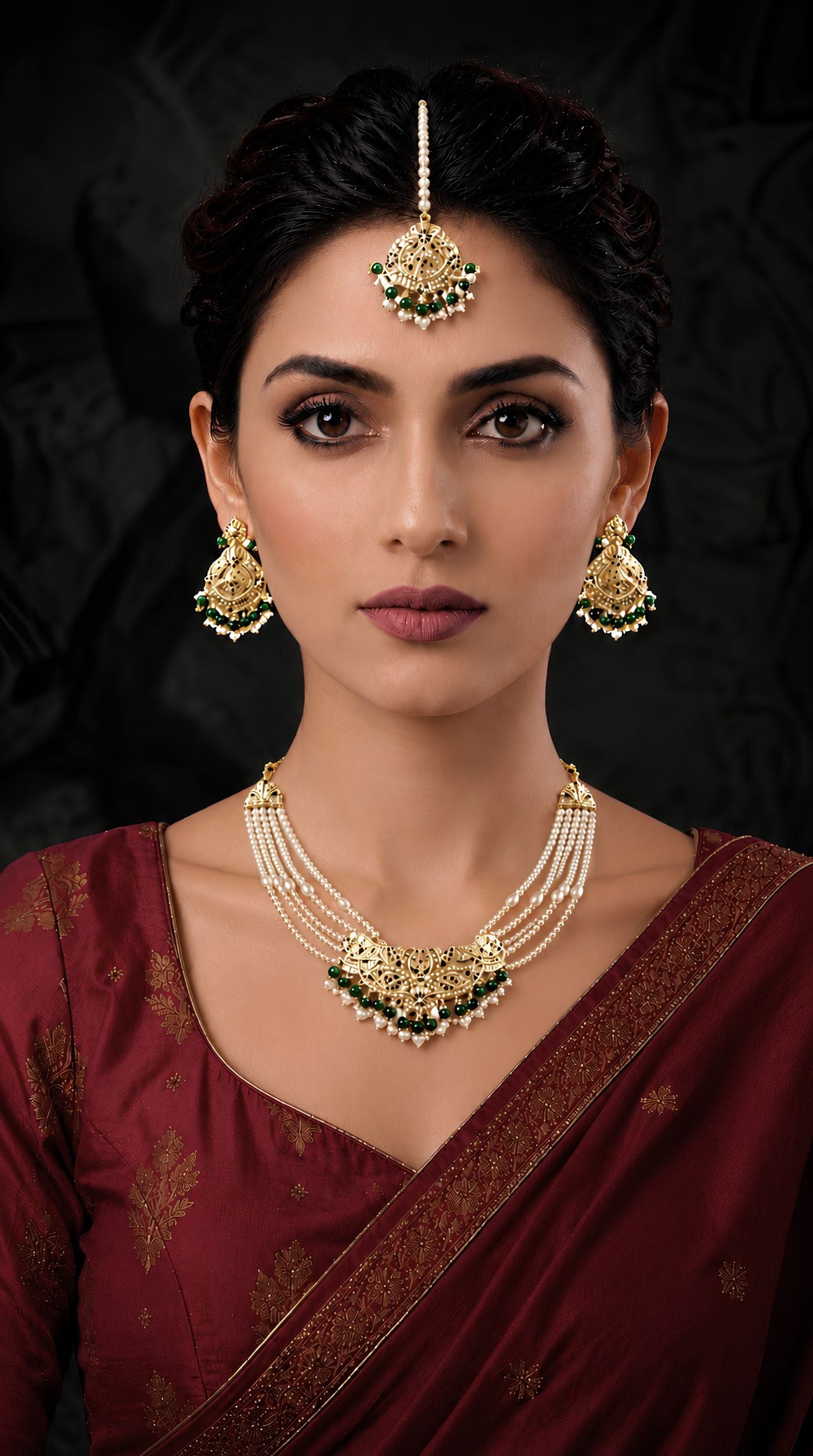 Gold pearl and emerald green Jadau necklace set with layered pearl strands, matching earrings, and maang tikka featuring intricate filigree work and green bead detailing 