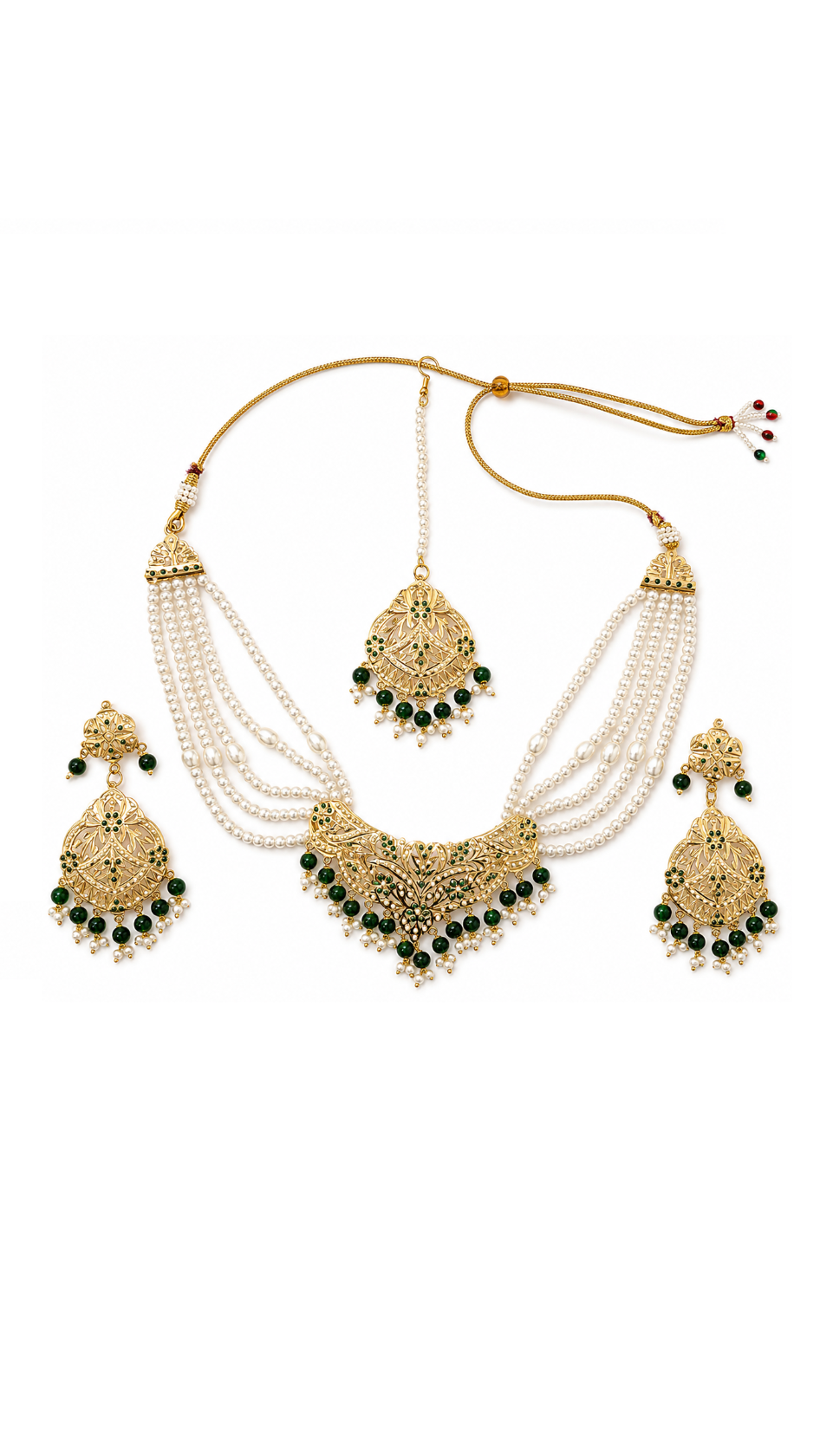 Gold-toned traditional jadau jewelry set with a multi-strand pearl necklace, matching pendant, and two matching earrings.