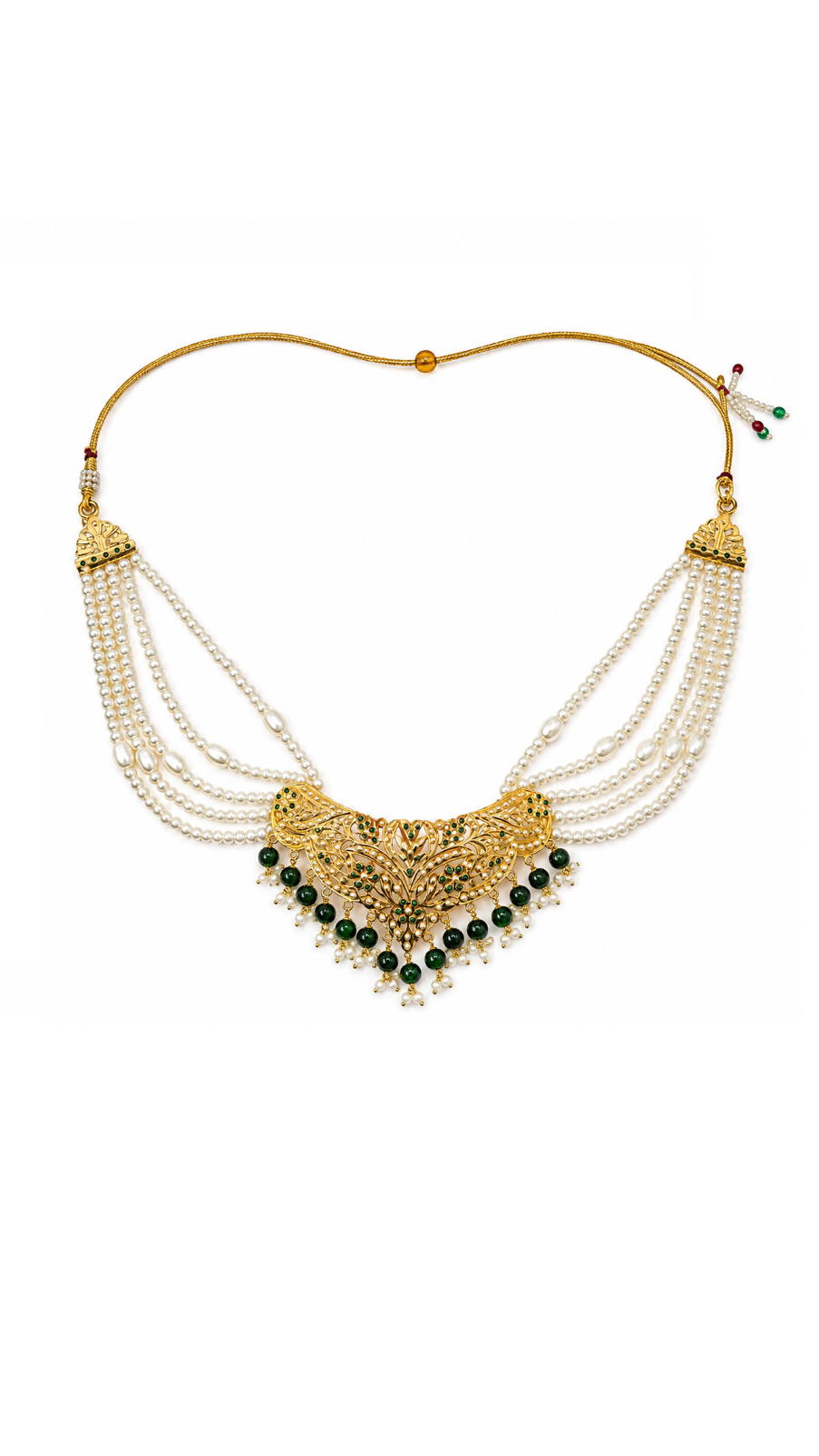 Gold-plated traditional Jadau necklace featuring multiple strands of white pearls, a detailed gold central medallion, and a row of dark green faceted beads.
