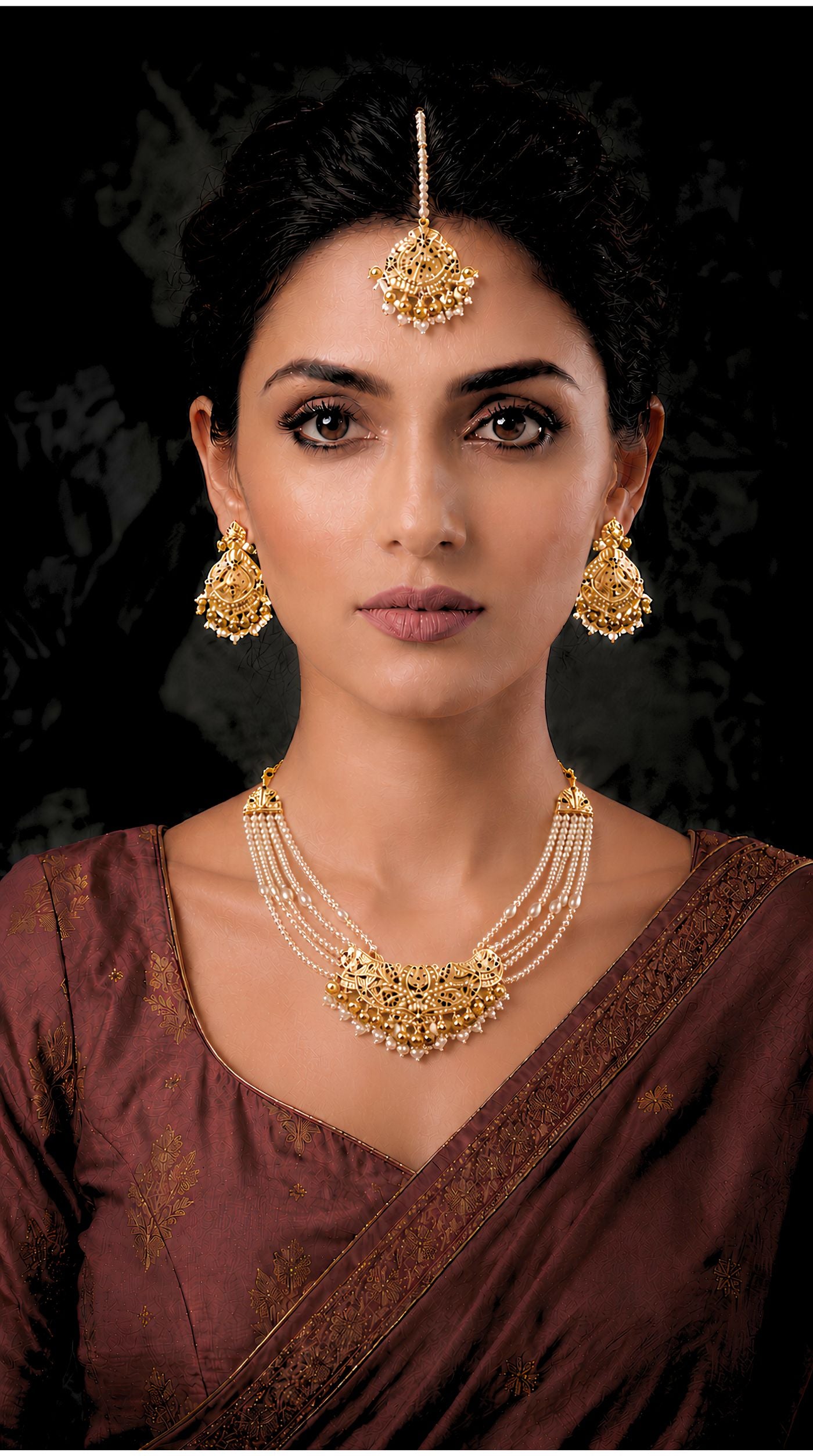 Gold pearl and  Jadau necklace set with layered pearl strands, matching earrings, and maang tikka featuring intricate filigree work and green bead detailing 