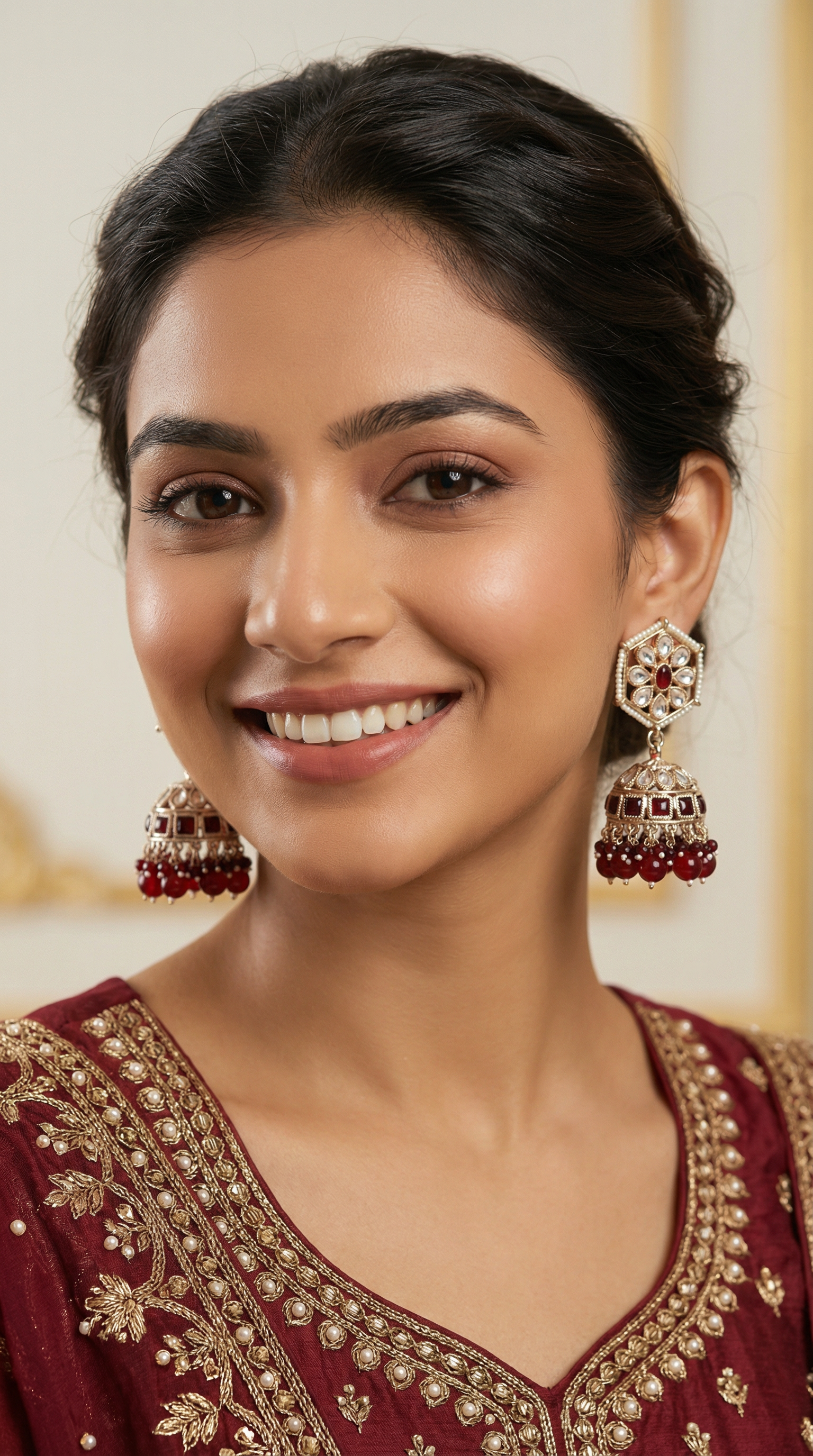 Maroon hexagon jumki earrings with maroon beads and pearl detailing, traditional Indian ethnic jewelry