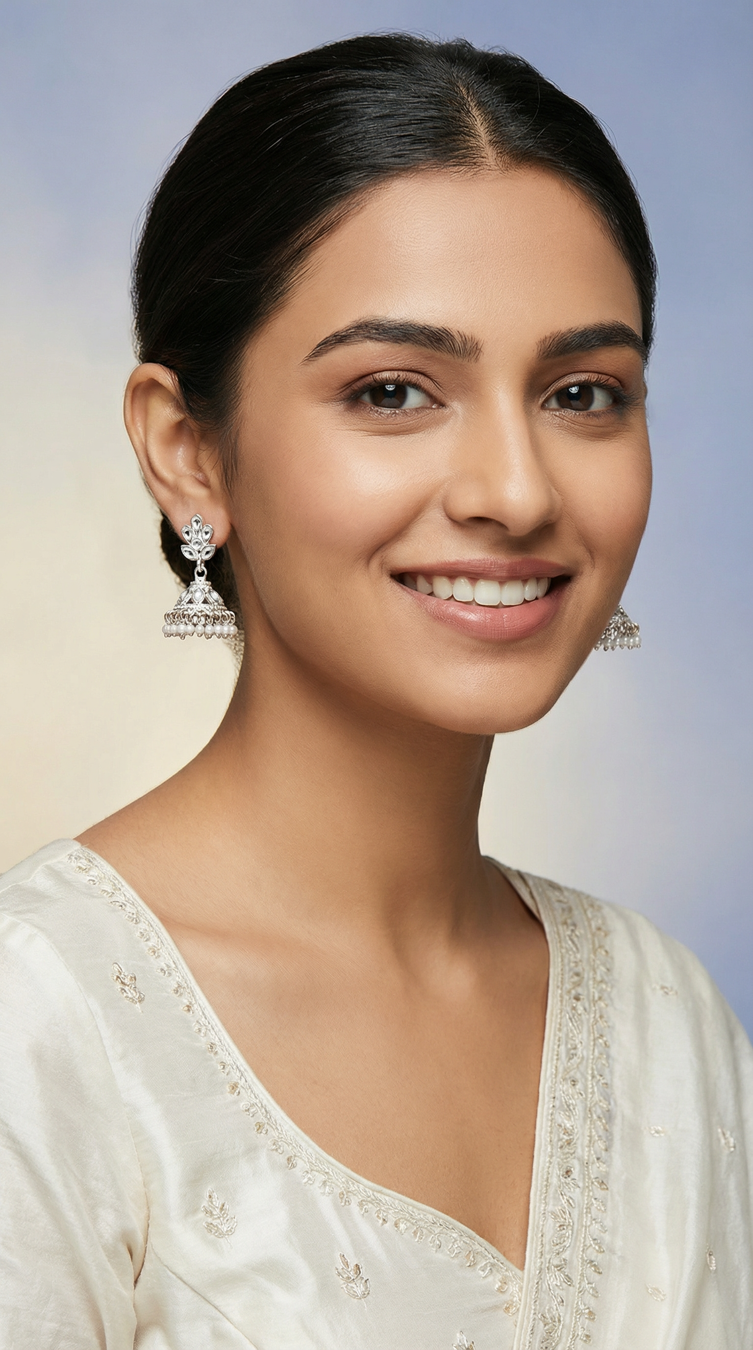 Silver Zircon Pearl Droplets Jumki Earrings
