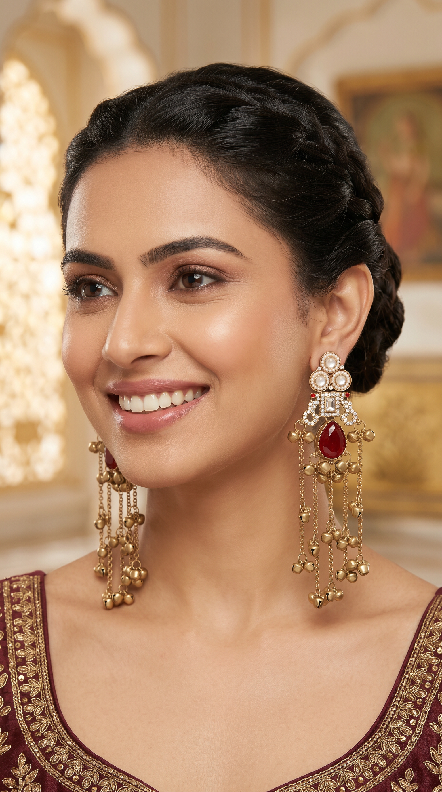 Maroon Diamonte Kashmiri Earrings