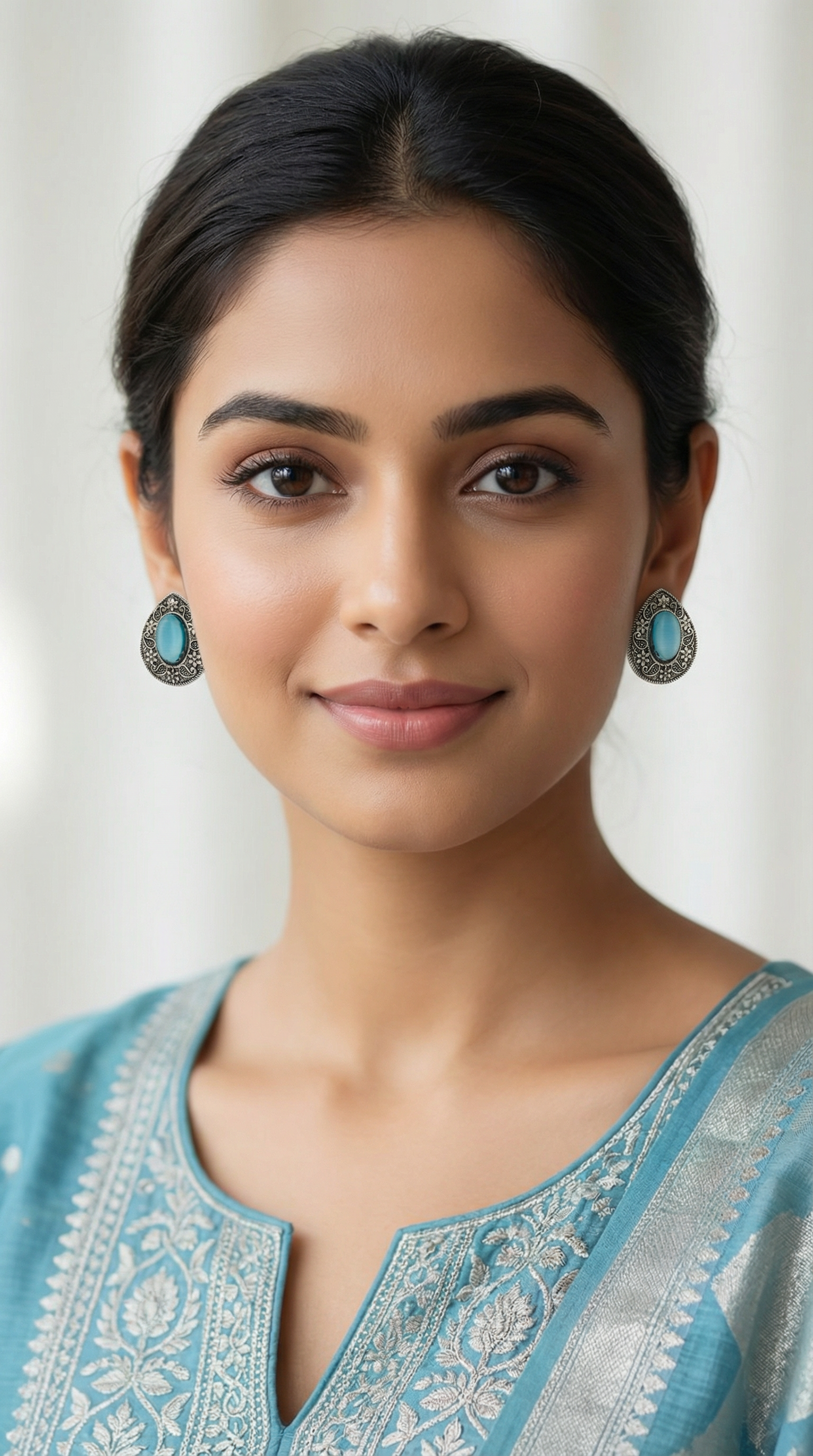 Silver Oxidised Blue Stone Earrings
