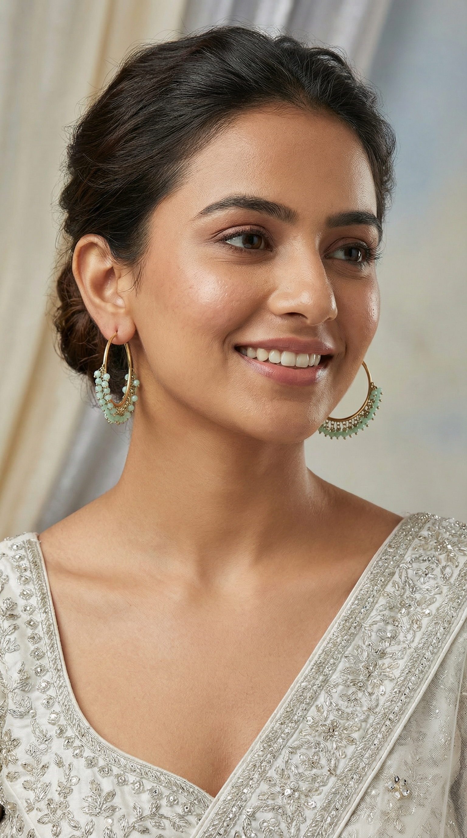 Antique Gold Bali Hoop Earrings with Light Aqua Beads