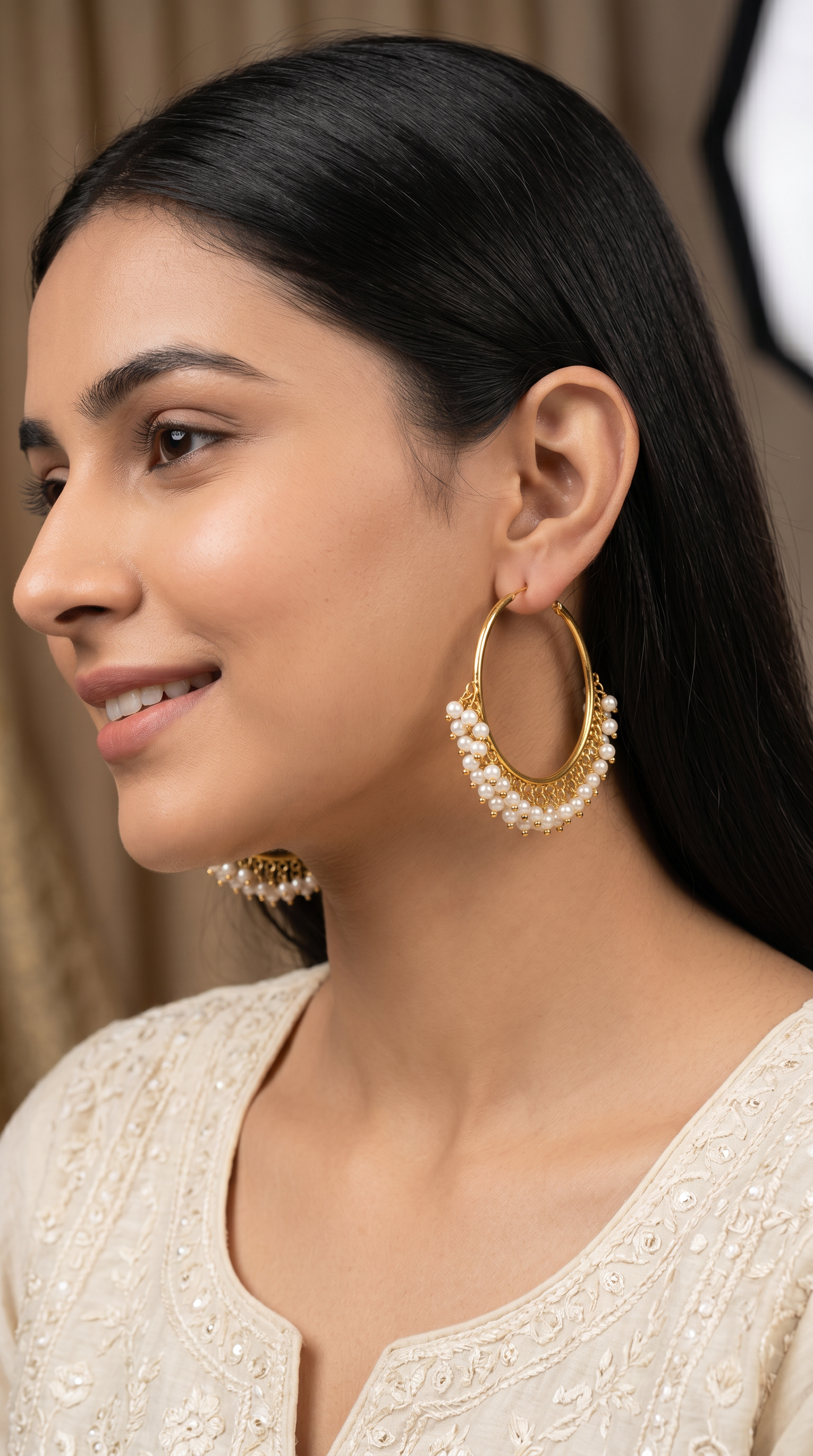 Antique Gold Bali Hoop Earrings with Pearl Beads