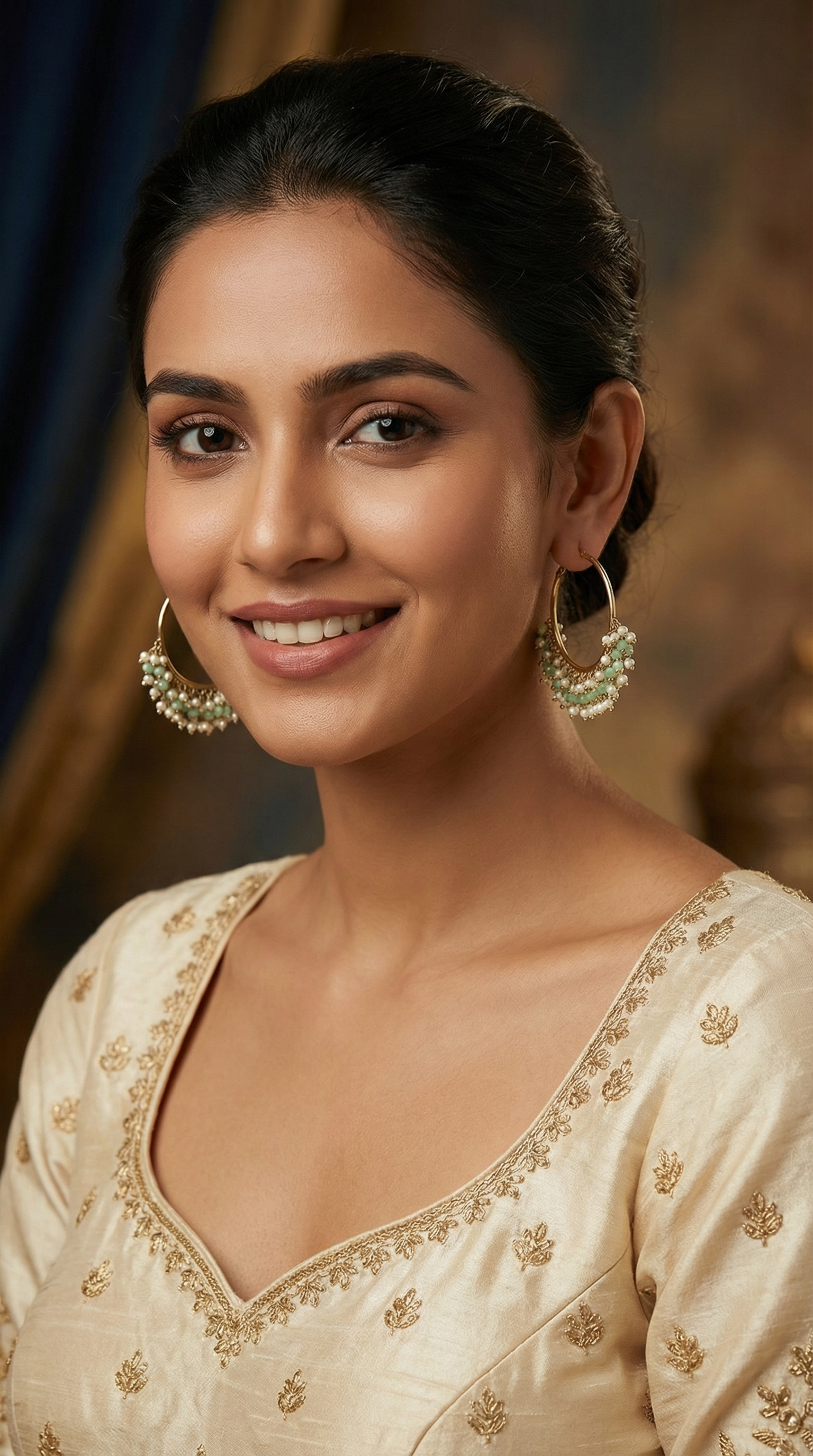 Antique Gold Bali Hoop Earrings with Light Green Beads - Ethnic Jewelry