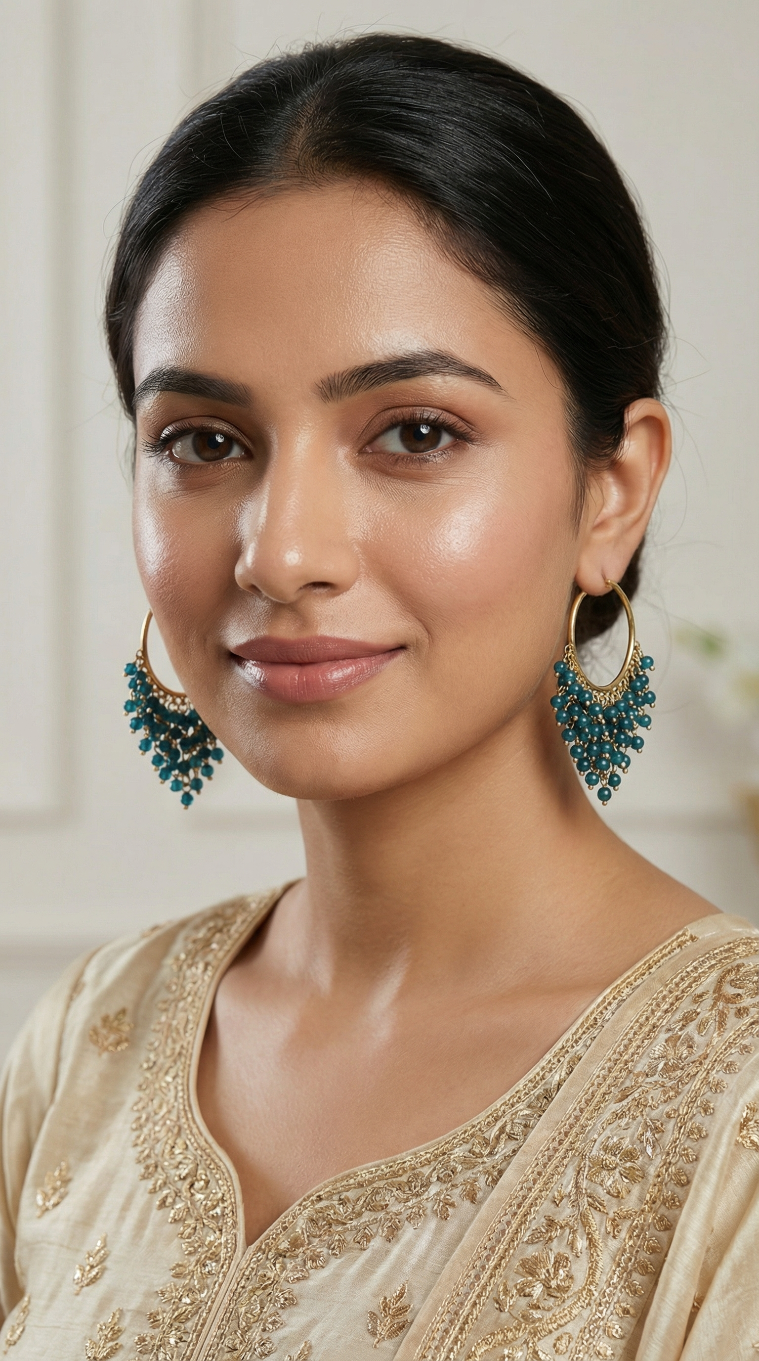 Teal Beaded Gold Hoop Earrings – Luxury Bridal & Festive Statement Jewelry