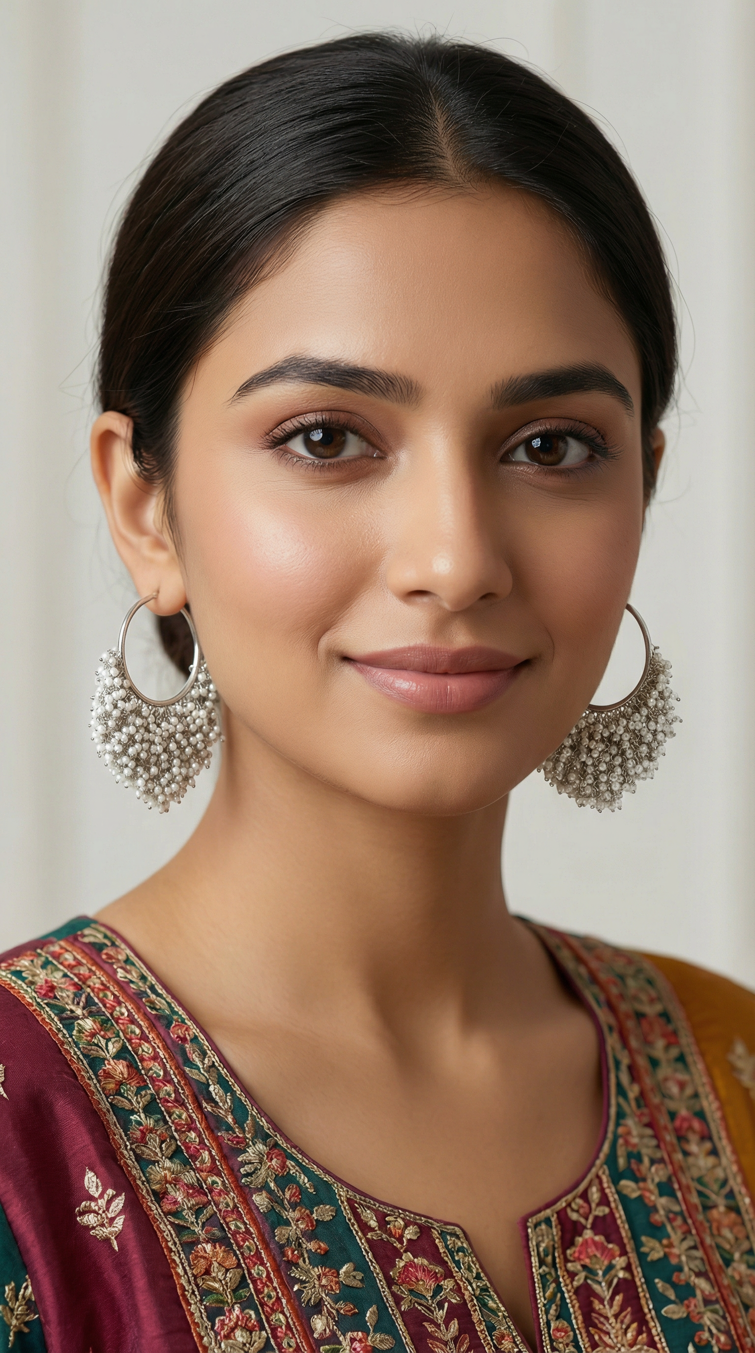 Oxidised Silver Hoop Bali with Cascade of Pearls