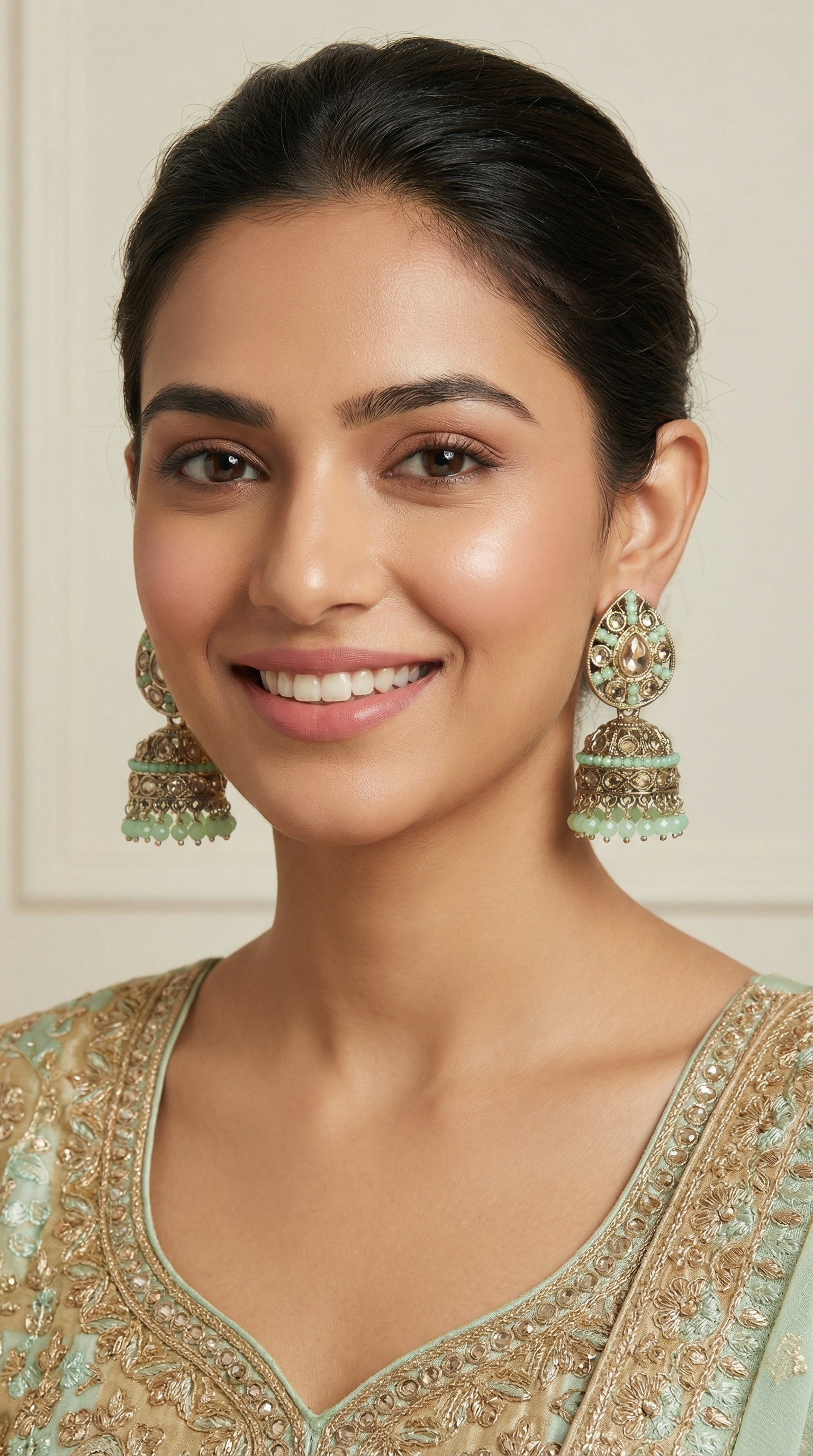 Mint green beads and gold diamante jumka earrings for women