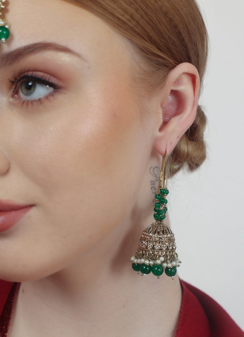 Womens Dark Green Beaded Earrings & Tikka Set
