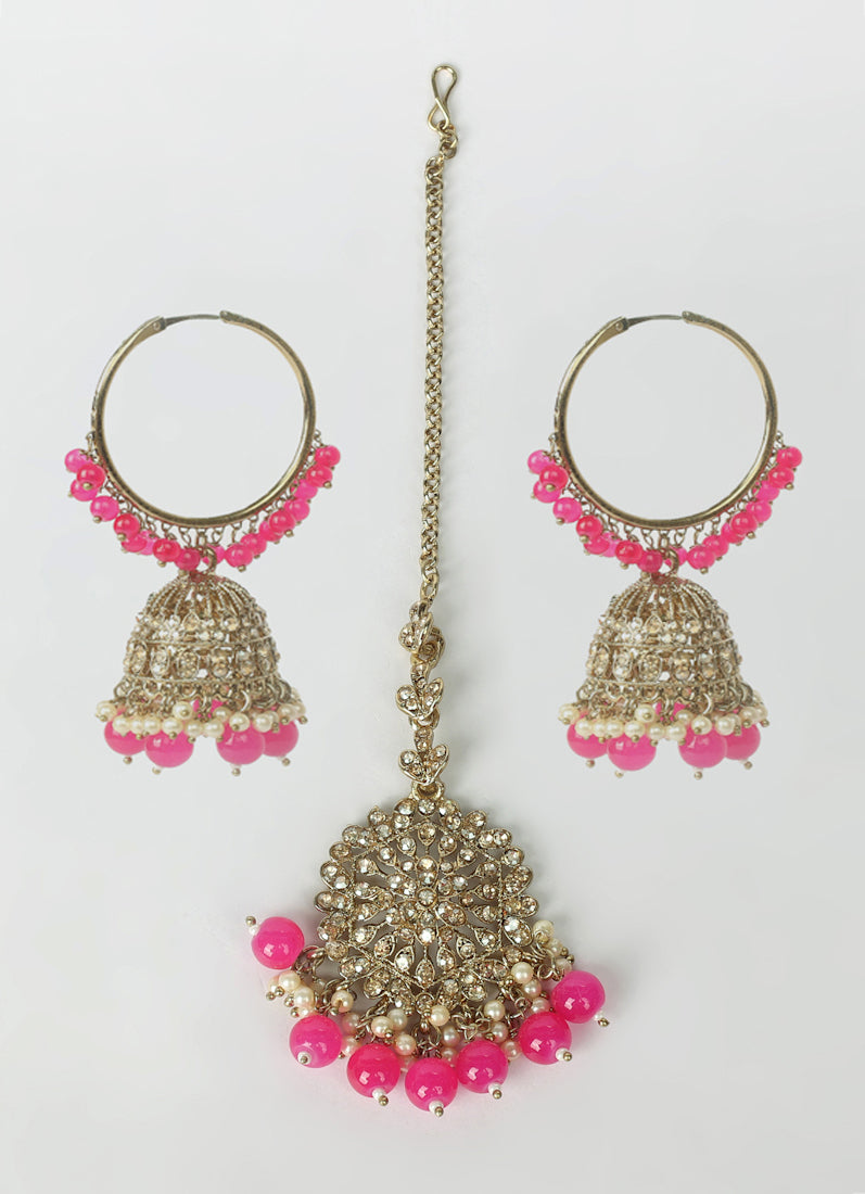Womens Magenta Beaded Earrings & Tikka Set