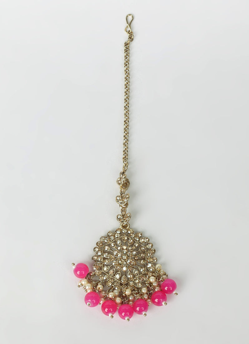 Womens Magenta Beaded Earrings & Tikka Set