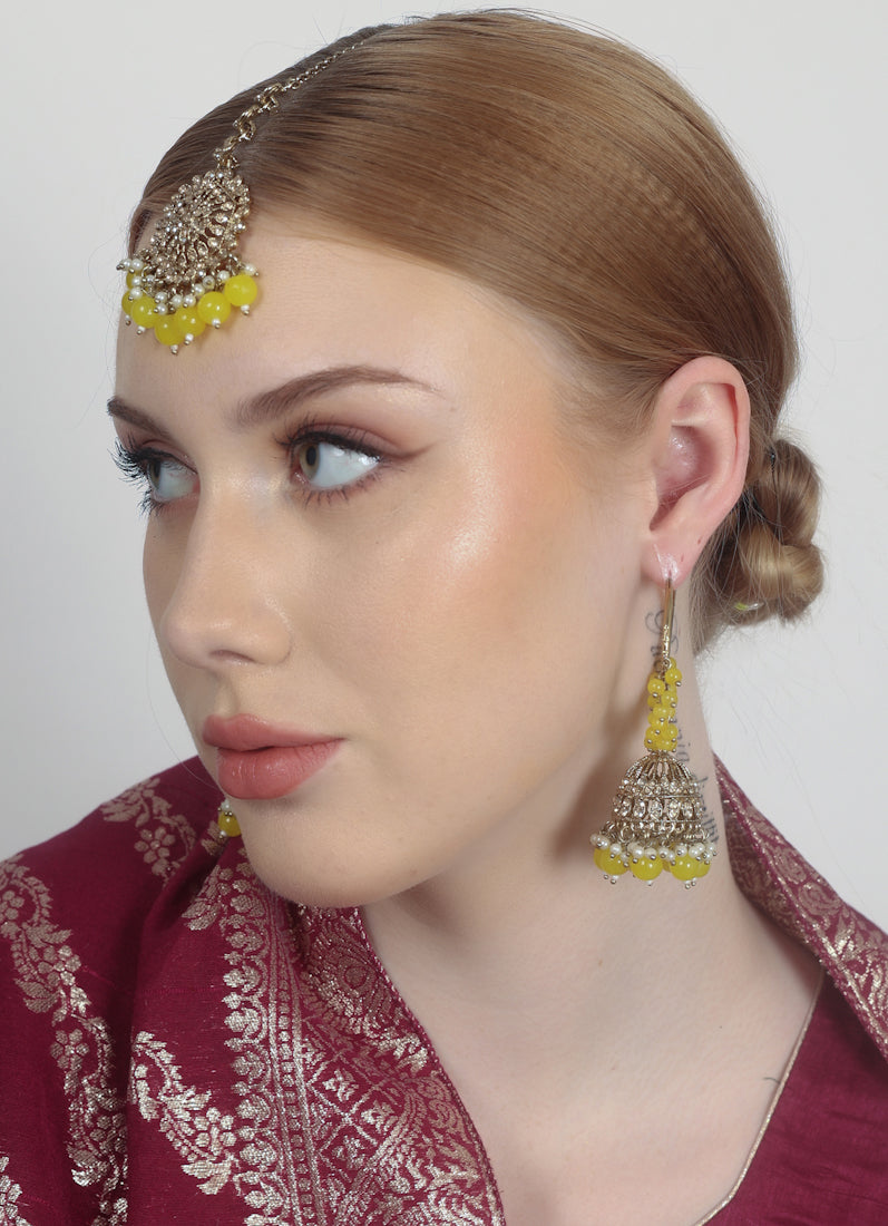 Womens Yellow Beaded Earrings & Tikka Set