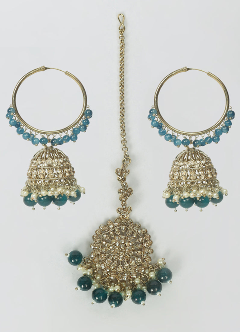 Womens Navy Blue Beaded Earrings & Tikka Set