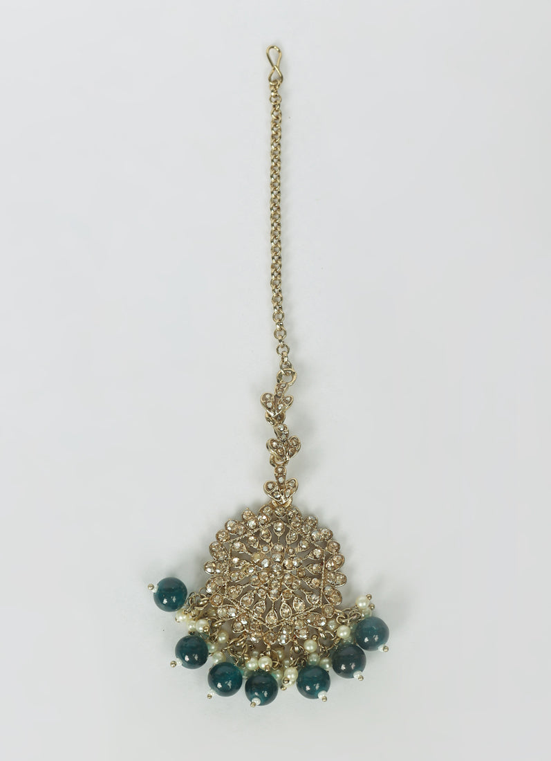 Womens Navy Blue Beaded Earrings & Tikka Set