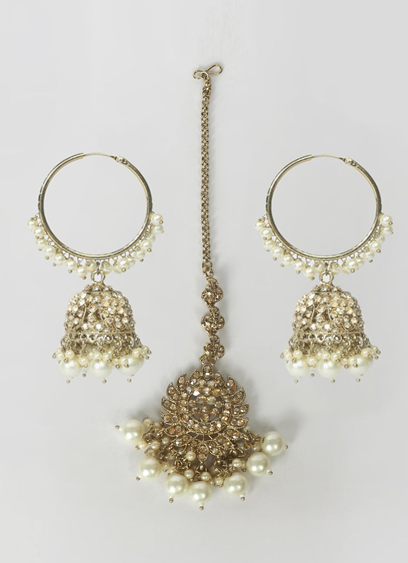 Womens Ivory Beaded Earrings & Tikka Set