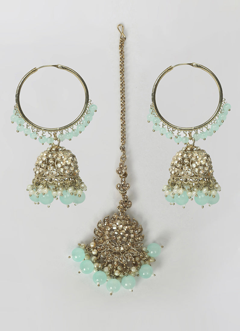 Womens Sky Blue Beaded Earrings & Tikka Set