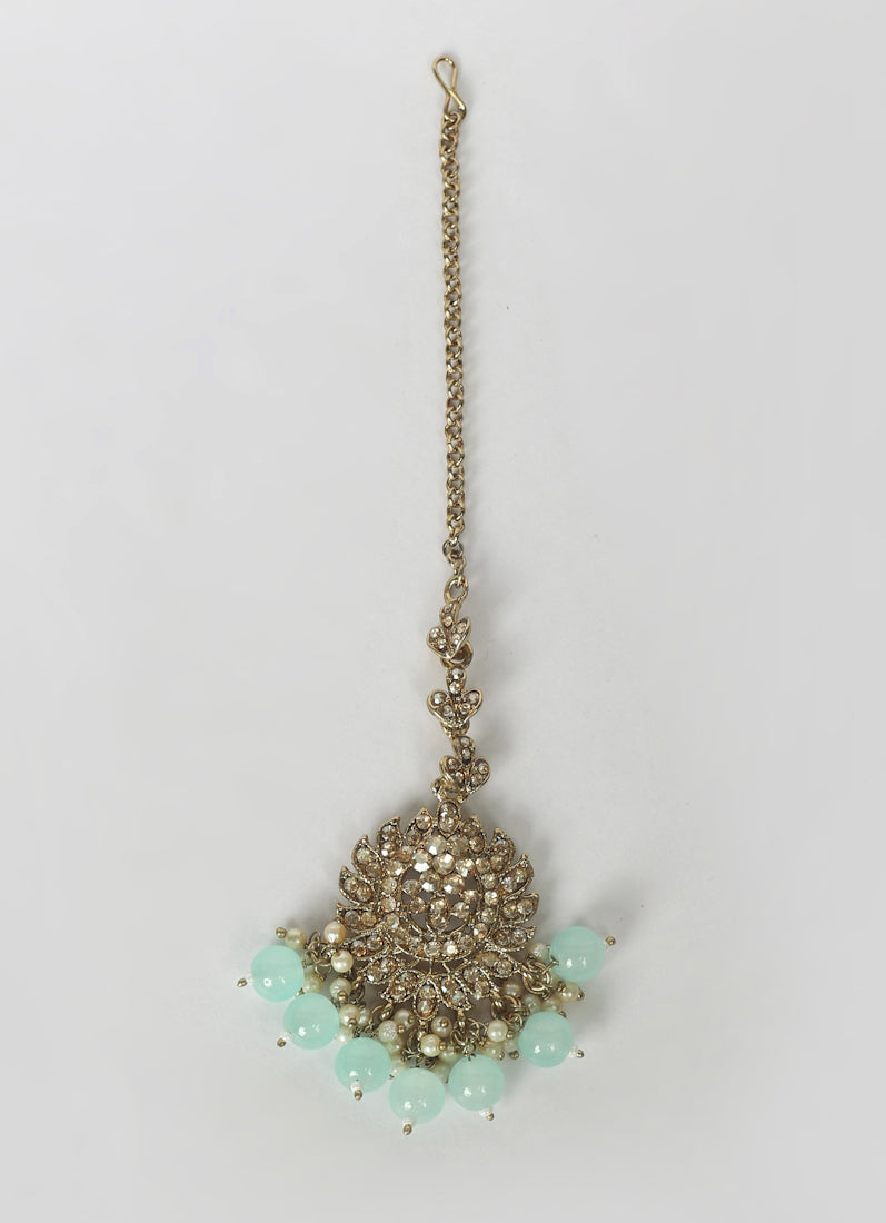 Womens Sky Blue Beaded Earrings & Tikka Set