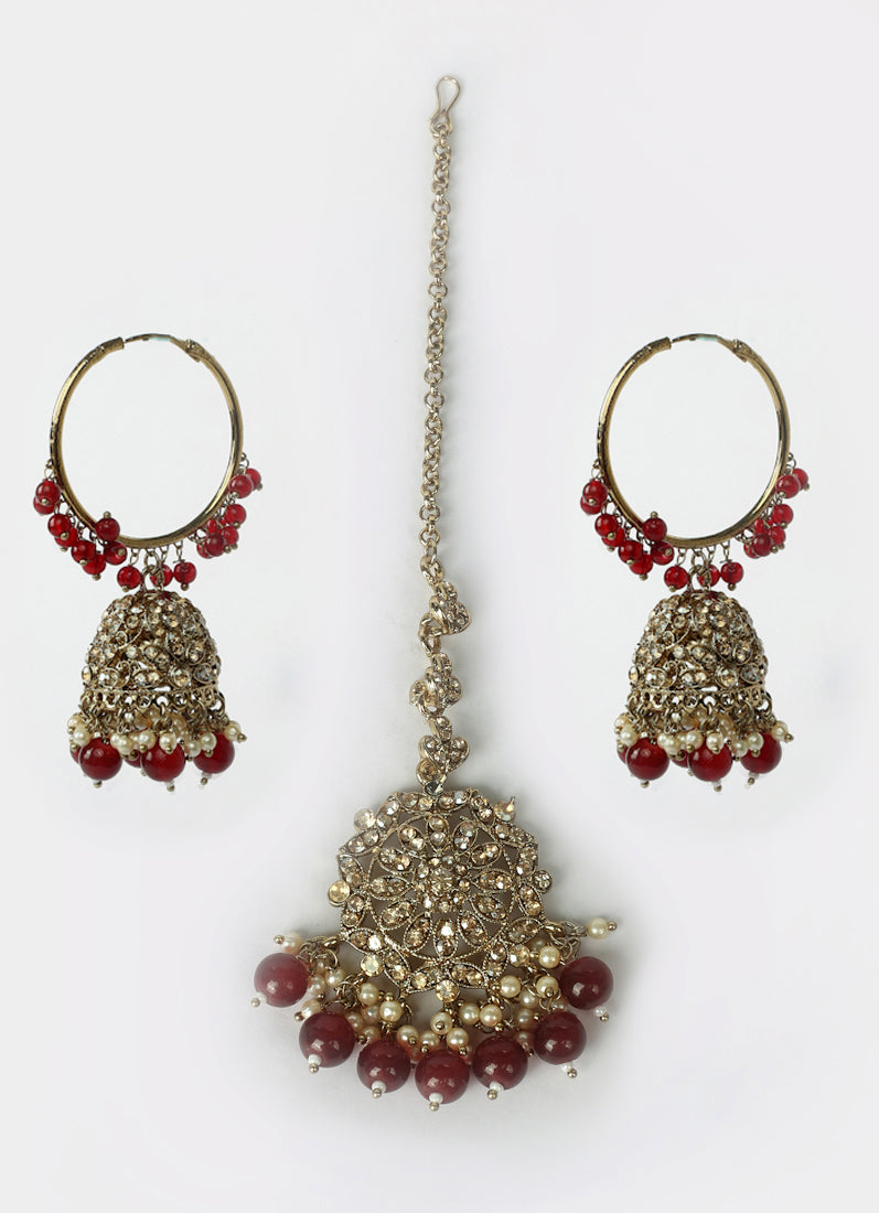 Womens Maroon Beaded Earrings & Tikka Set
