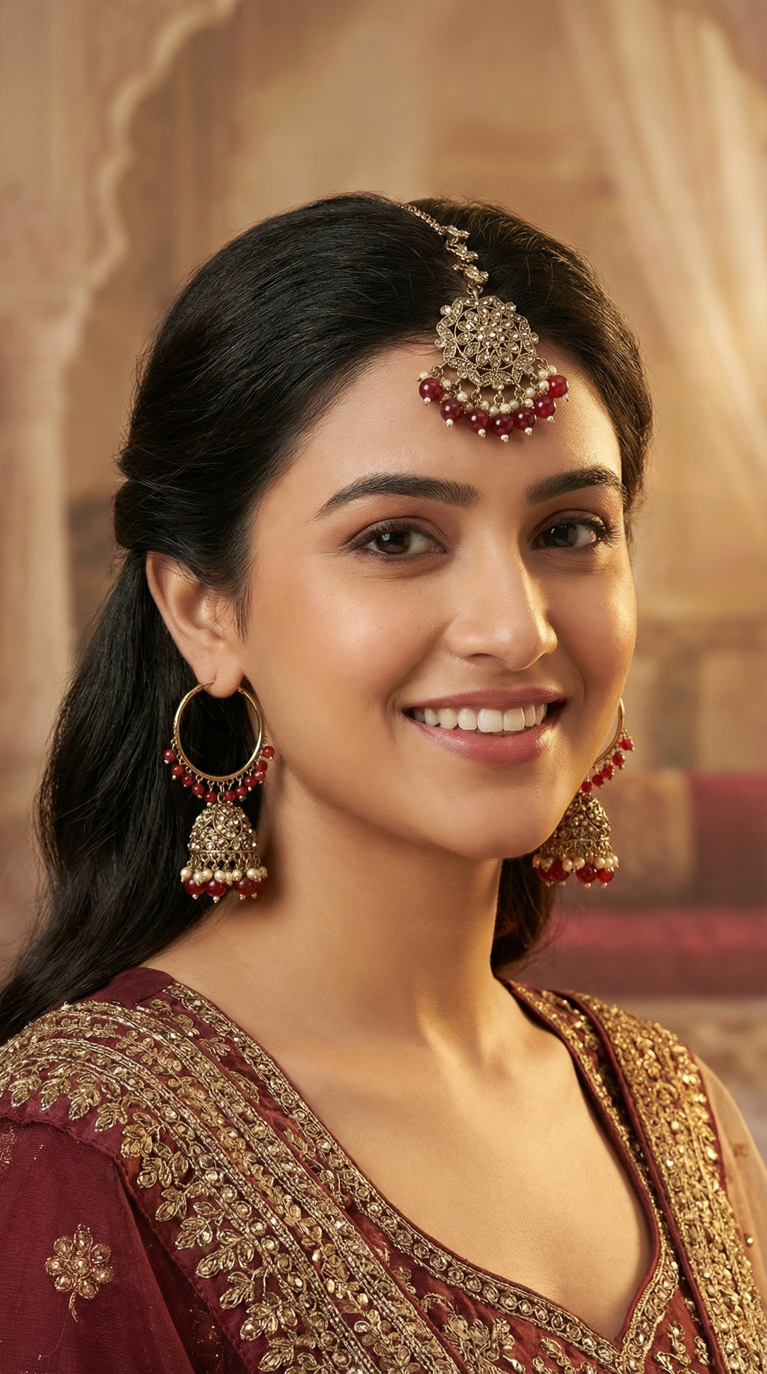 Womens Maroon Beaded Earrings & Tikka Set