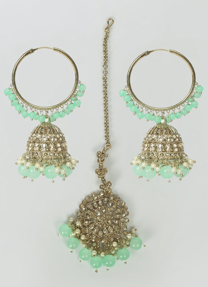 Womens Mint Green Beaded Earrings & Tikka Set