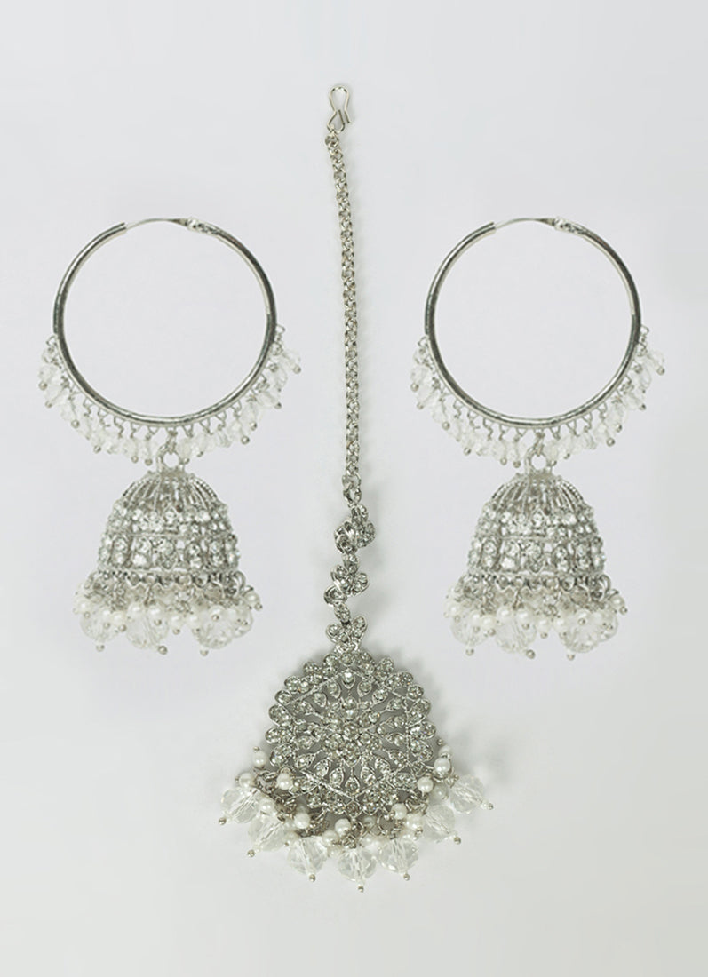 Womens Silver Beaded Earrings & Tikka Set