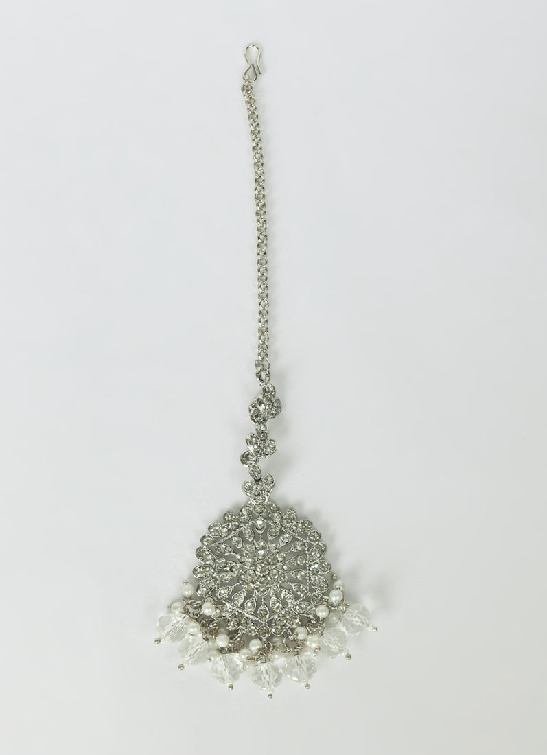 Womens Silver Beaded Earrings & Tikka Set