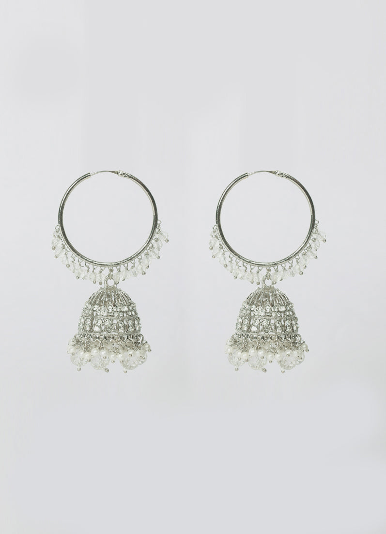 Womens Silver Beaded Earrings & Tikka Set