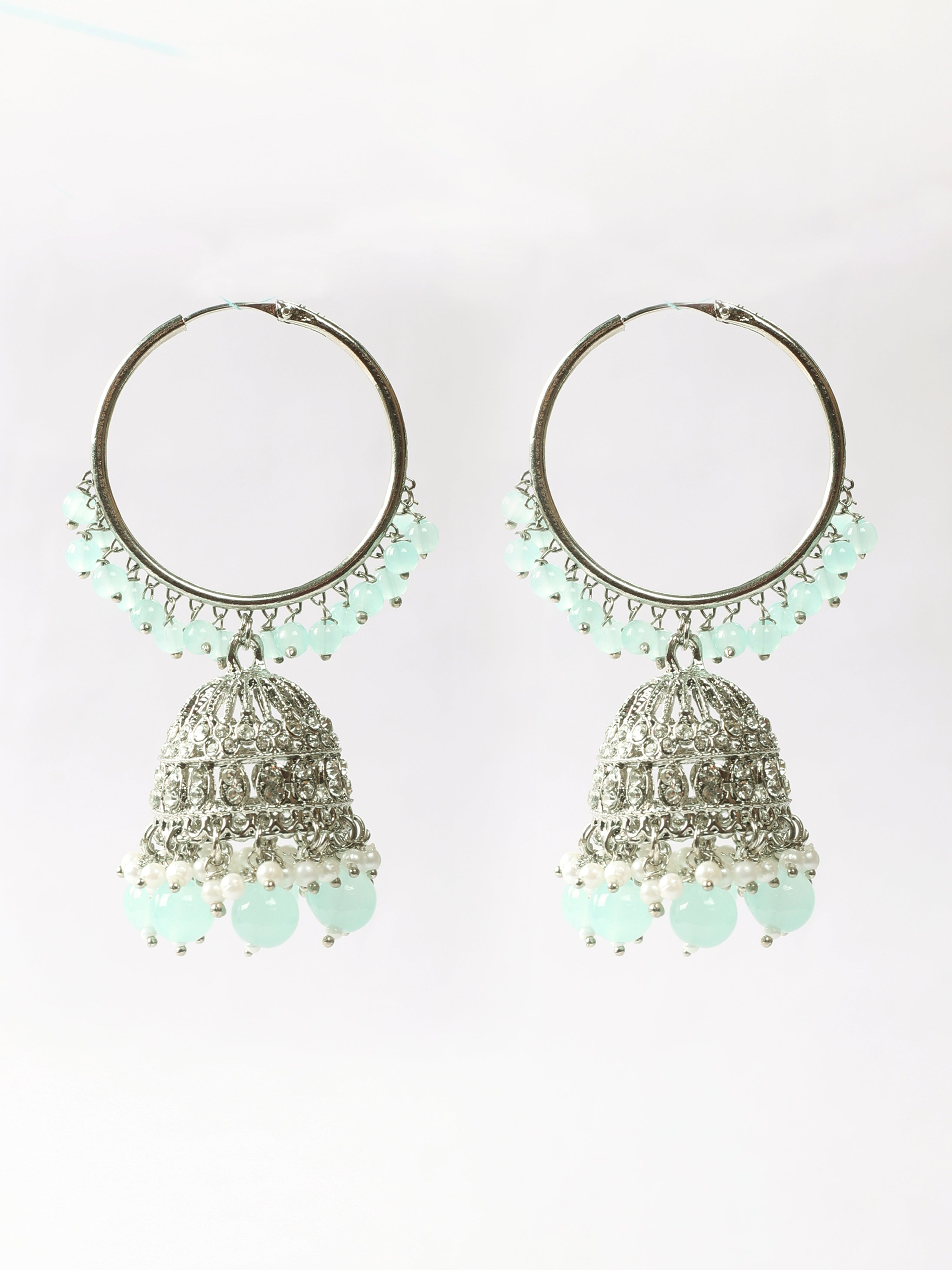 Womens Sky Blue Pearly Beaded Earrings & Tikka Set