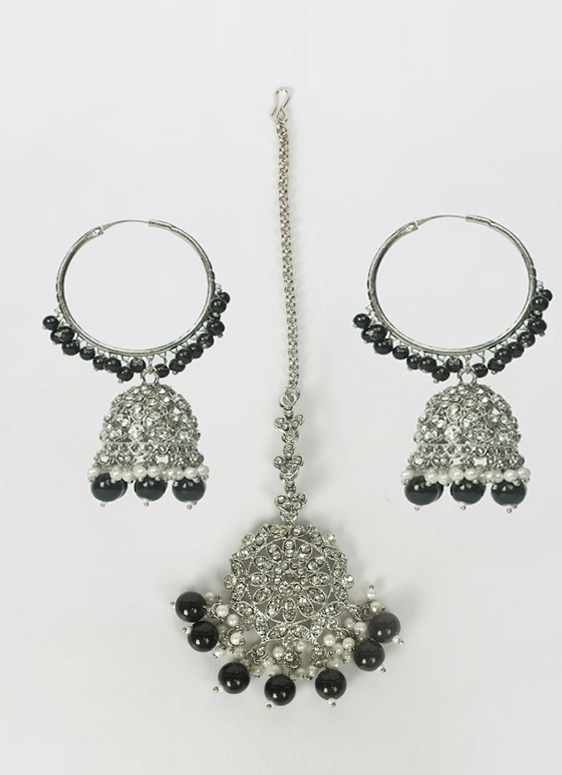 Womens Black Pearly Beaded Earrings & Tikka Set