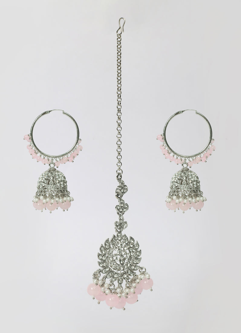 Womens Light Pink Pearly Beaded Earrings & Tikka Set