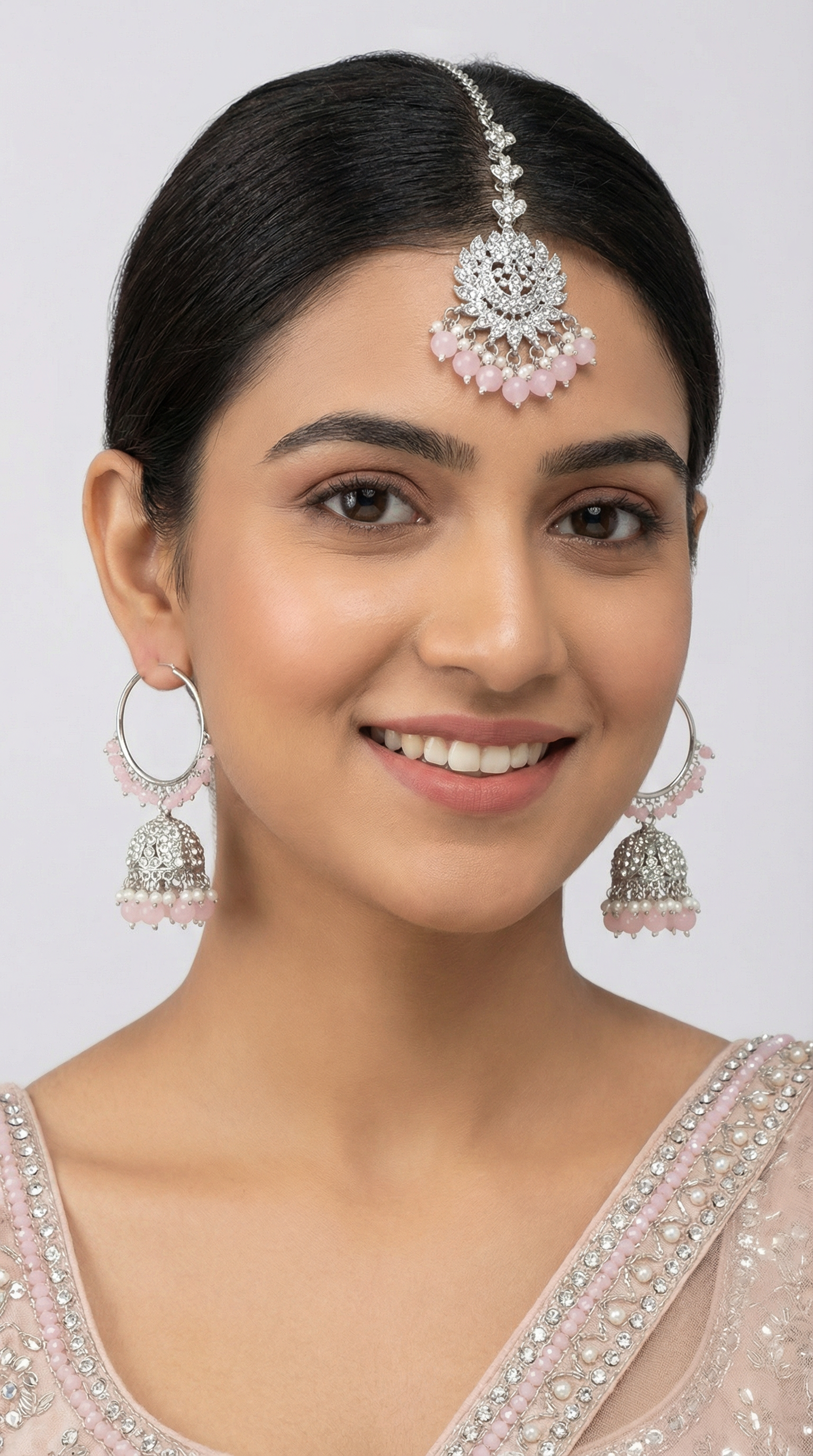 Women’s Light Pink Pearl Beaded Earrings & Tikka Set