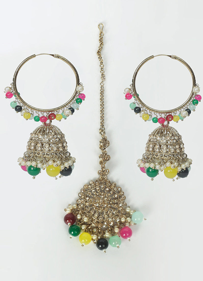 Womens Multi Color Pearly Earrings & Tikka Set