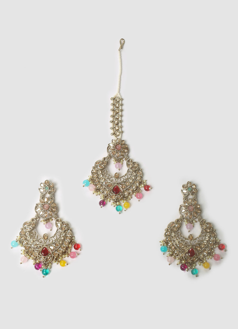 Womens Multicolour Beads Earrings & Tikka Set