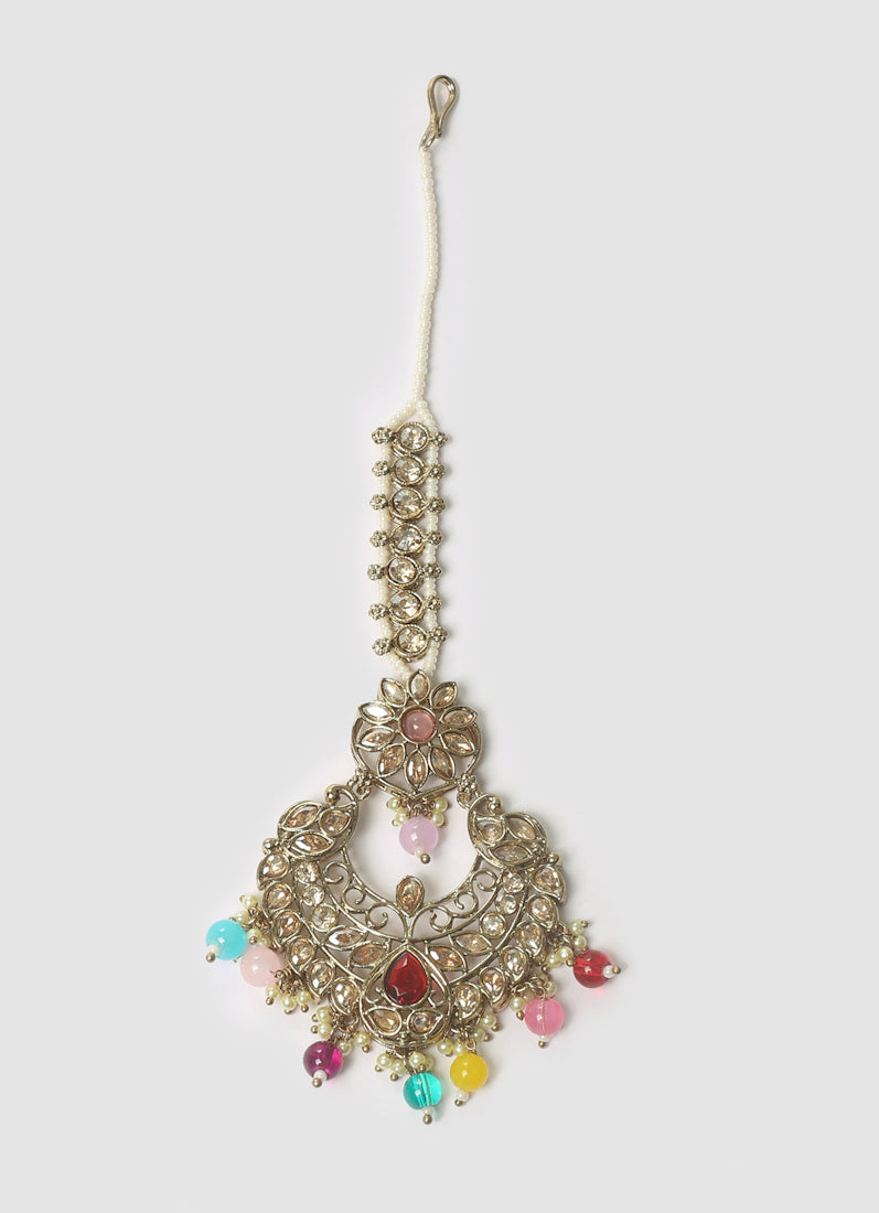Womens Multicolour Beads Earrings & Tikka Set