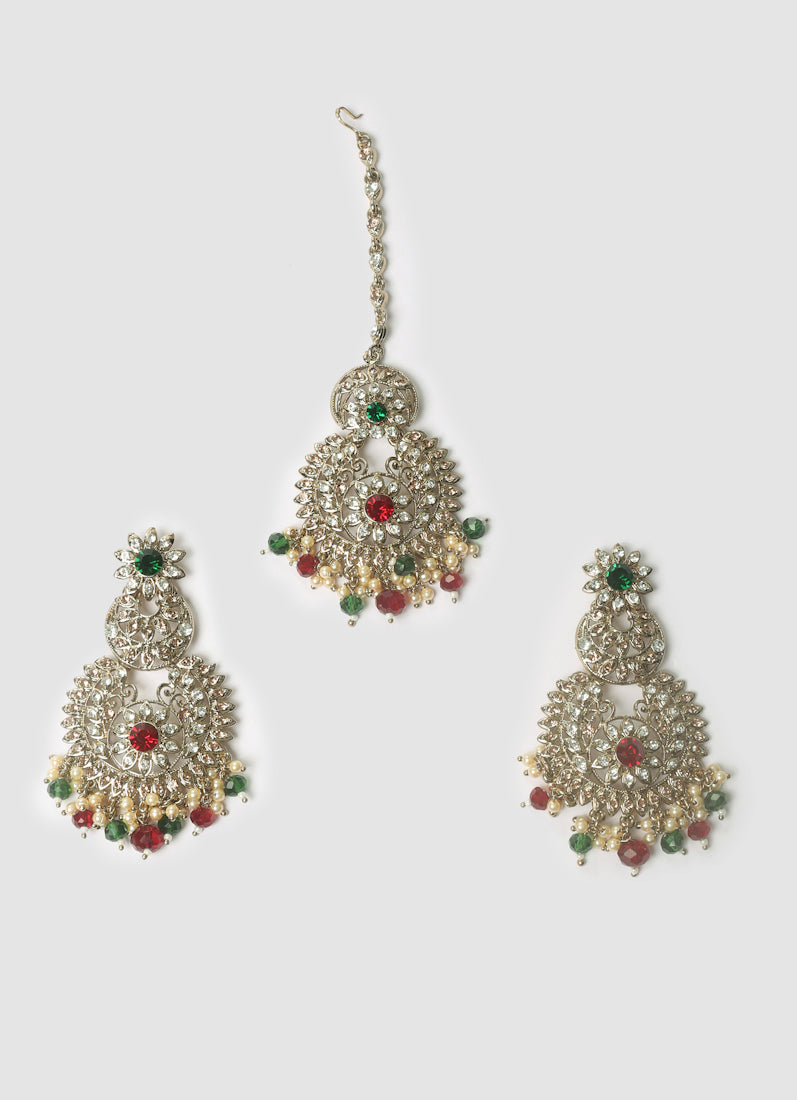 Womens Ruby & Green Sun Inspired Earrings & Tikka Set