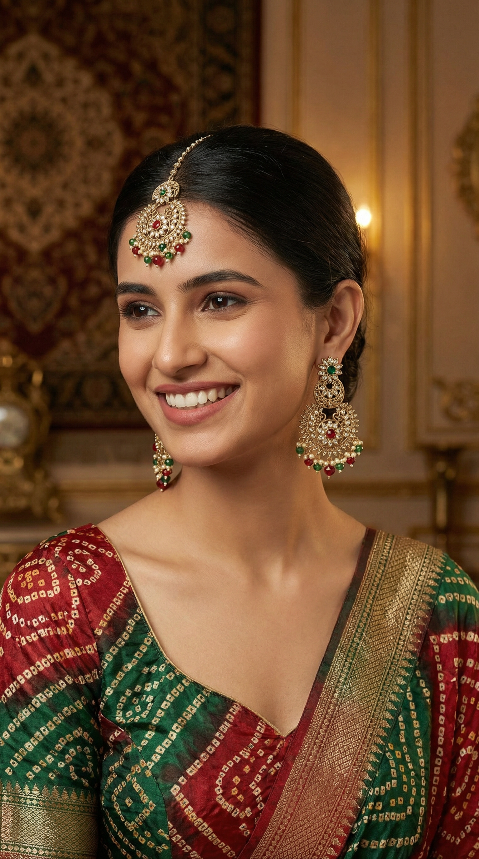 Elegant Ruby & Green Stone Earrings & Tikka Set