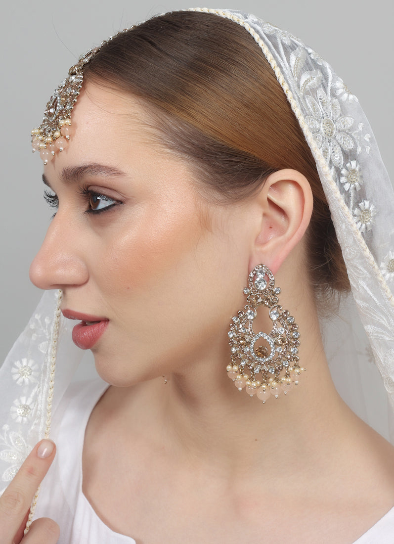 Womens Peach Earring & Tikka Set With Gold Plating