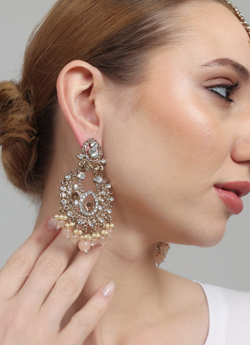 Womens Peach Earring & Tikka Set With Gold Plating