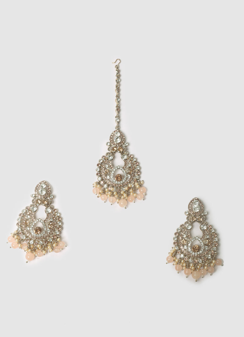 Womens Peach Earring & Tikka Set With Gold Plating