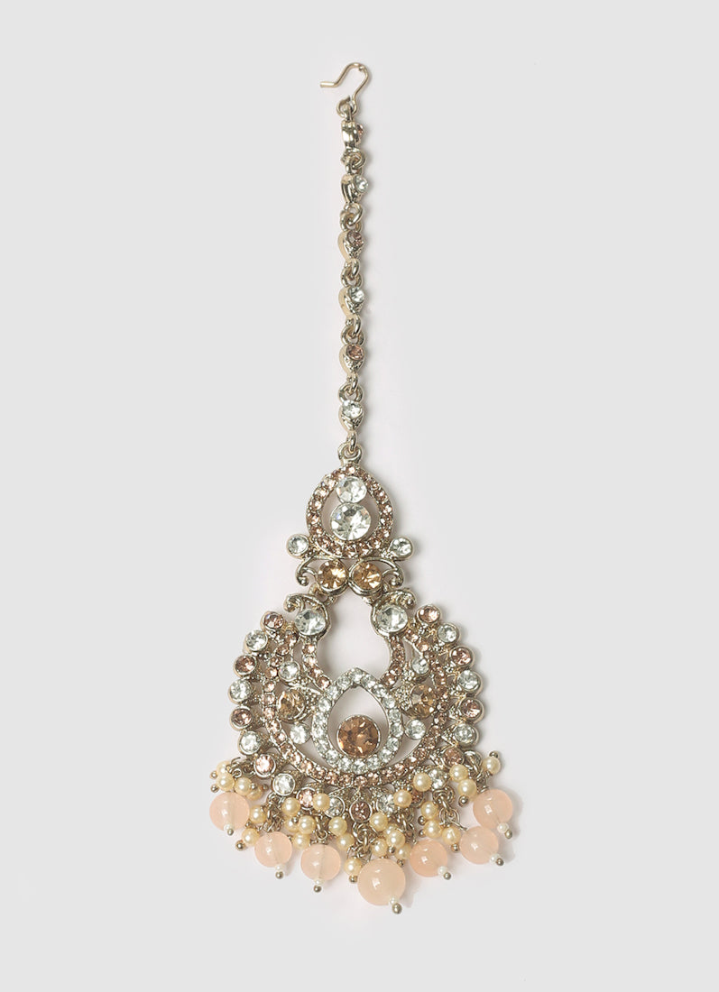 Womens Peach Earring & Tikka Set With Gold Plating
