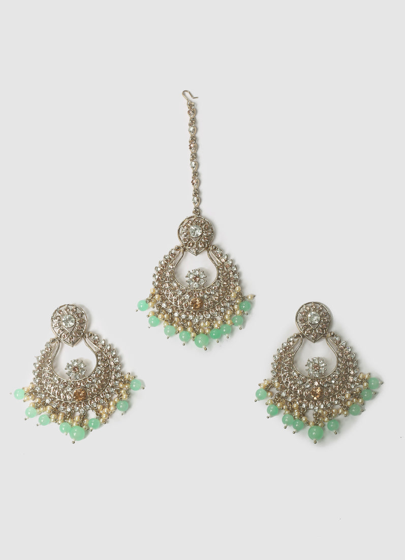Womens Mint Green Chandbali Style Earrings & Tikka Set
