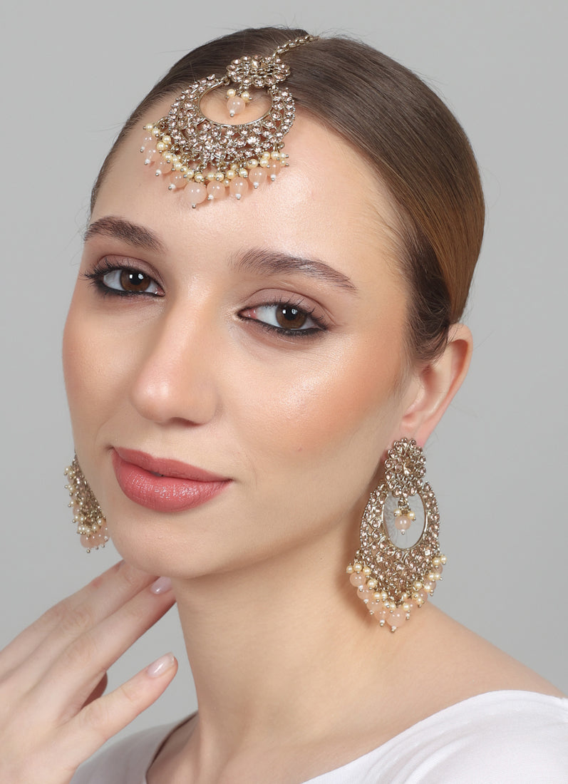 Womens Peach Drops Chandbali Style Earrings & Tikka Set
