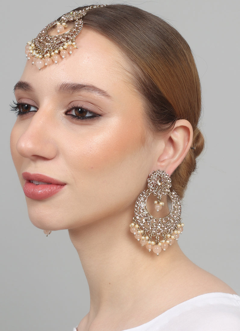 Womens Peach Drops Chandbali Style Earrings & Tikka Set